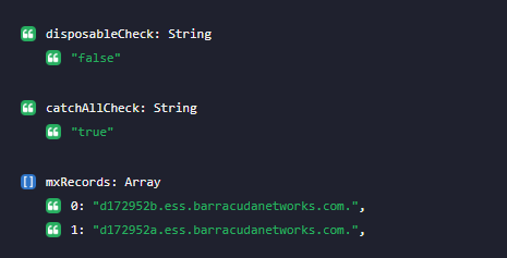 The API output tells us that the email address follows the correct syntax and has no spelling errors. It also doesn’t rely on a disposable email service provider.