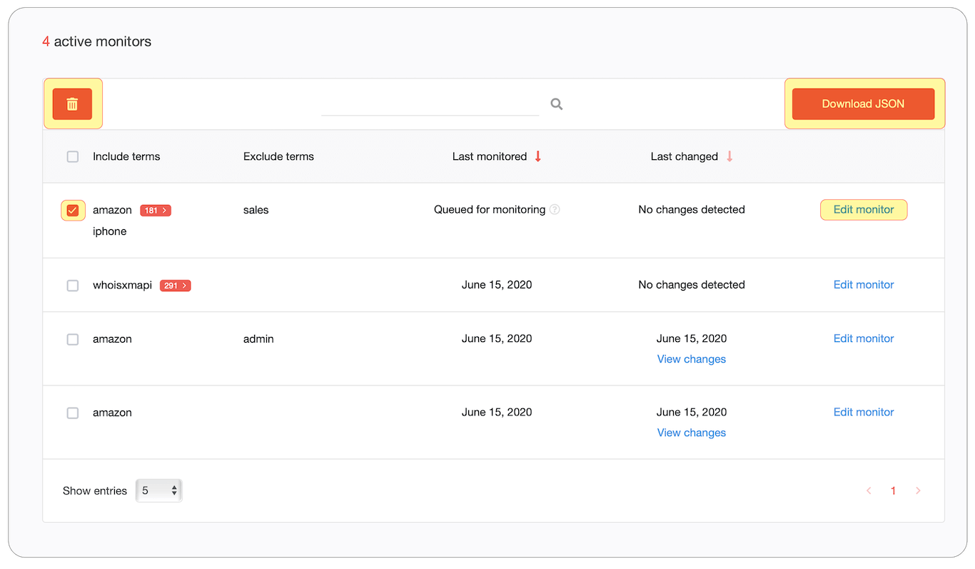 You are allowed to delete, edit or download monitor results as a JSON.