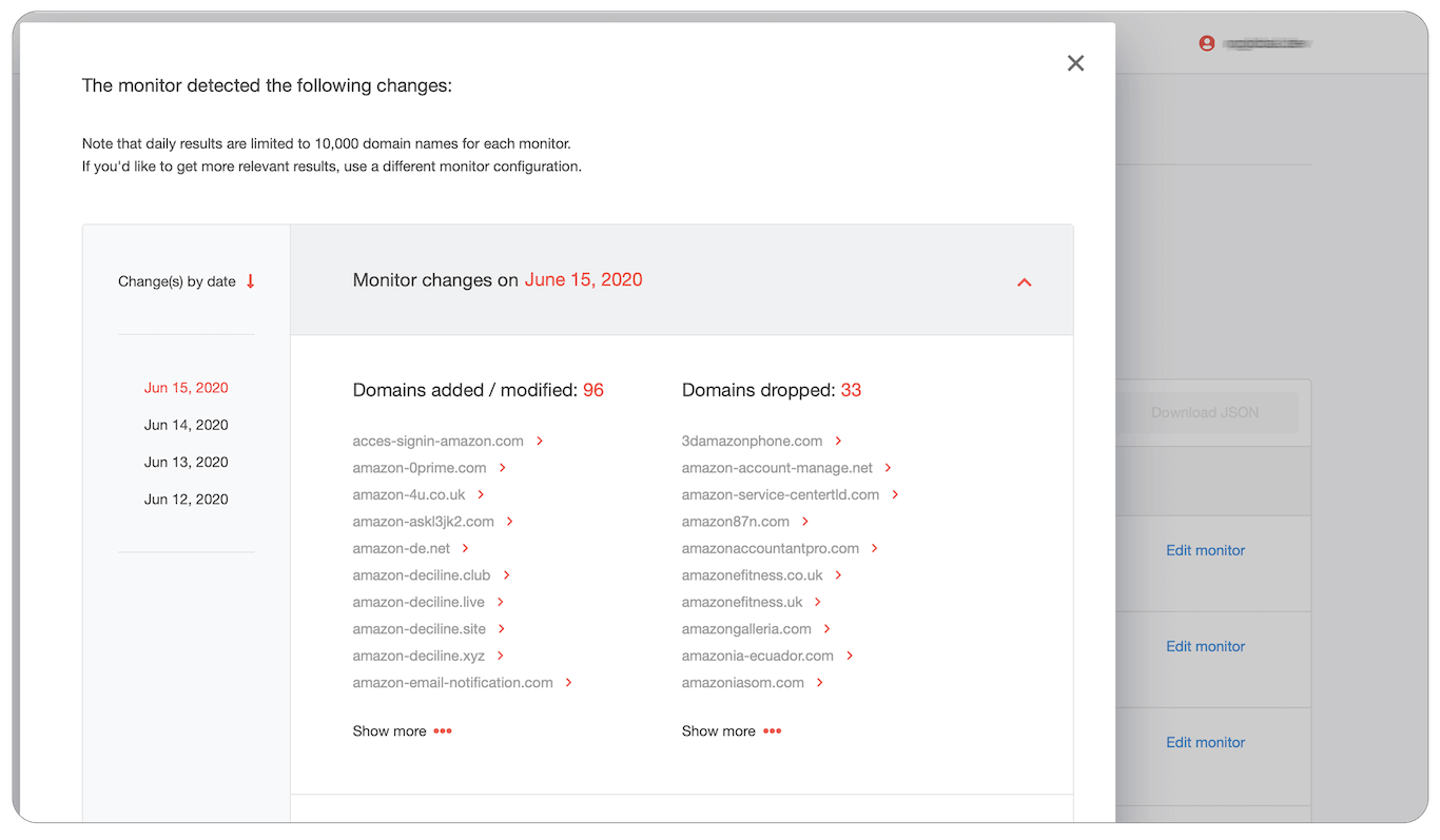 When clicking on “View changes“ you will see the lists of newly registered and recently expired domains on a given date and changes history by the date.