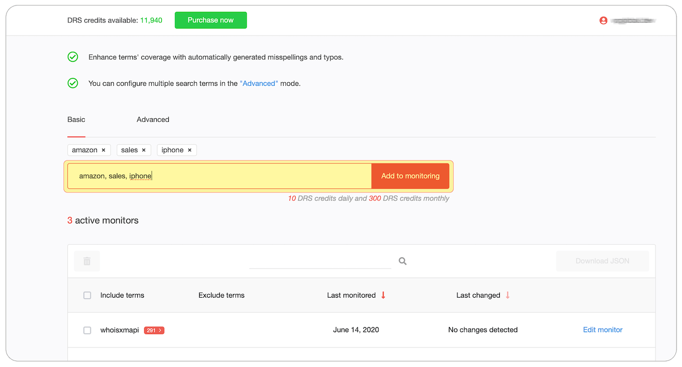 Just put the search terms into the search field (up to 4 comma-separated terms) to add terms to the monitor.