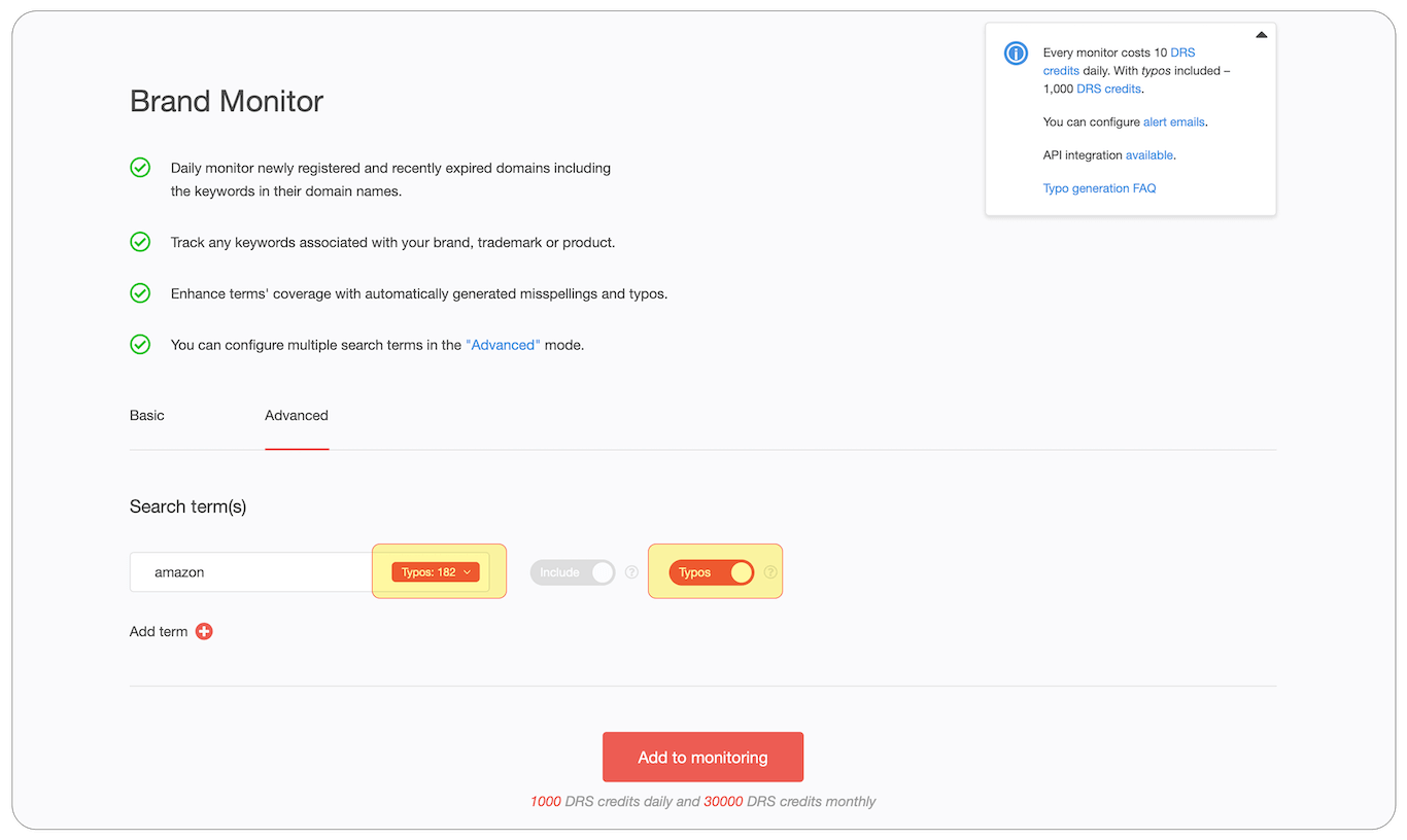 You can add the typos to the “include” term if you need them, by clicking on the Typos switcher. The number of automatically generated typos will appear in the search field.
