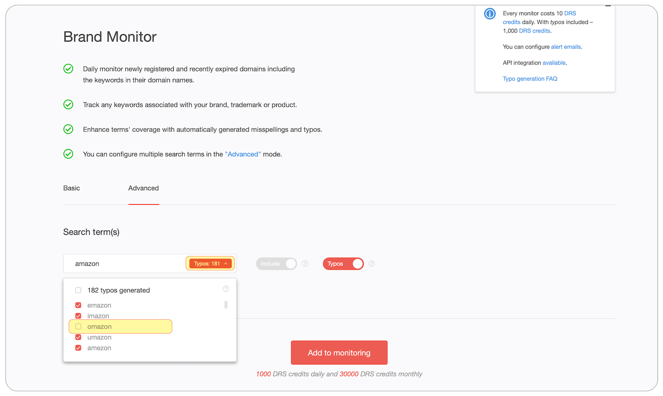 The maximum number of typos is limited to 1,000. You can selectively remove typos that do not match your interests and leave only the necessary ones. To do this just click on the “Typos“ tab, and choose the typos you want to remove.
