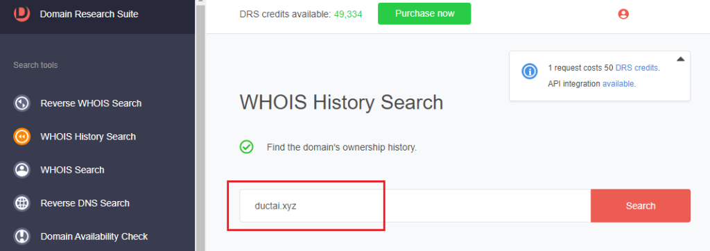 WHOIS History Search results for ductai[.]xyz