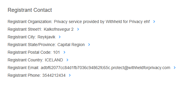 Beispiel: In den Registrierungsdaten von flosspols[.]org wird statt der Kontaktdaten des Inhabers „Withheld for Privacy ehf“ angezeigt