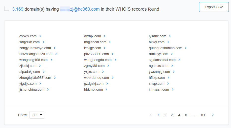 Beispiel: Durch eine Rückwärtssuche in der WHOIS-Datenbank unter Verwendung der anderen historischen E-Mail-Adresse lassen sich noch mehr zugehörige Domains ermitteln