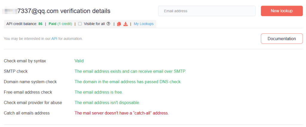 Die E-Mail-Überprüfung zeigt, dass die E-Mail-Adresse aus dem alten WHOIS-Eintrag gültig ist