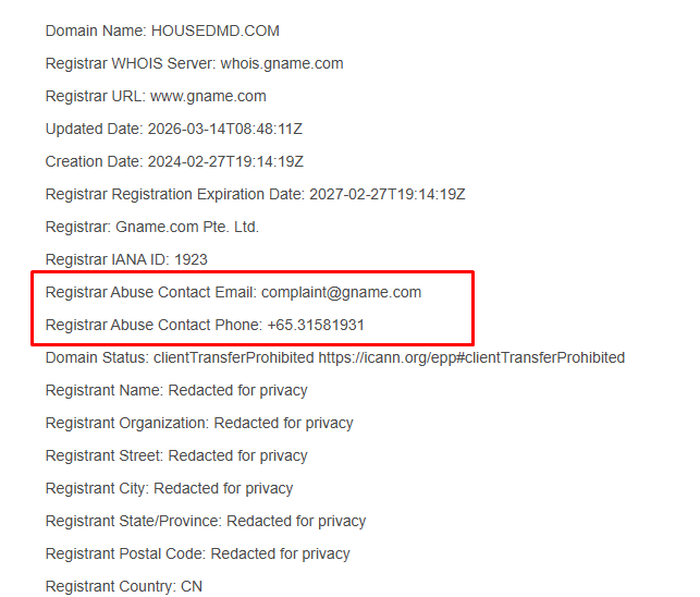 Beispiel: Informationen zum Missbrauch durch den Registrar für housedmd[.]com